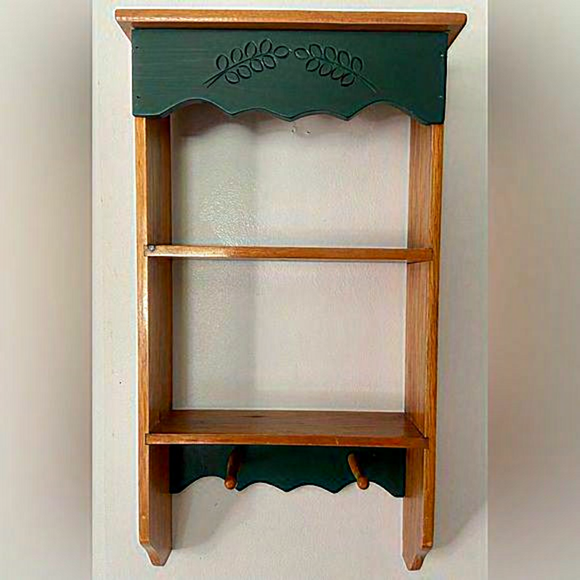 Vintage Other - Vintage 3 tiers wall Wood Shelf Forest green and natural wood tone with 2 hooks